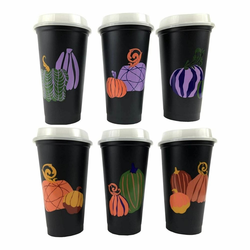 Starbucks Halloween Reusable Hot Cups Glow In The Dark Lids Set of 6 NWT